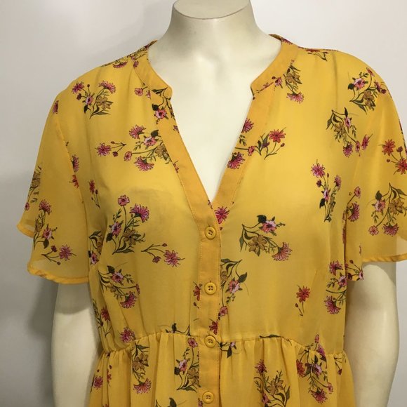 Torrid 00 M/L 10 Yellow Floral Hi-Low Sheer Summer Dress Short Sleeves - Picture 3 of 5